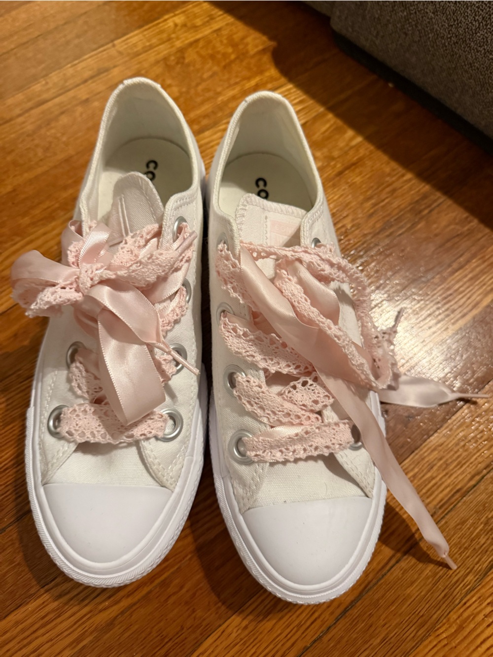 Converse Canvas Sneakers with Pale Pink Ribbon Laces